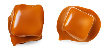 Caramel candies isolated on white background, collection. top view. flat layの写真素材