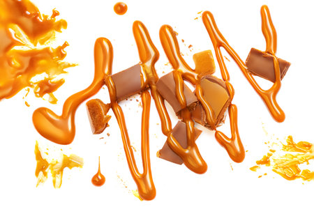 Caramel sauce with Toffee candies isolated on white background, collection. Splash sweet pattern. top view. flat layの写真素材