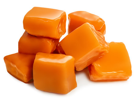Sweet Caramel toffee cubes with caramel sauce isolated on a white background close up. Candy Collection.の写真素材