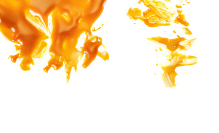 Sweet melted caramel splash isolated on a white background. Toffee caramel candy with sauce swirl top view. flat layの写真素材
