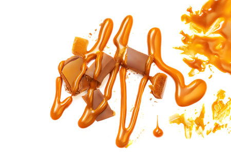 Caramel with Toffee candies isolated on white background, collection. Splash sweet pattern. top view. flat layの写真素材