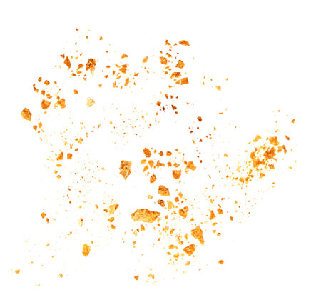 Bread crumbs isolated on white background. Splash of crumbs Top view. flat lay.の写真素材