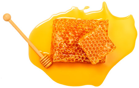 Honey stick and Honeycomb isolated on white background, top view.の写真素材