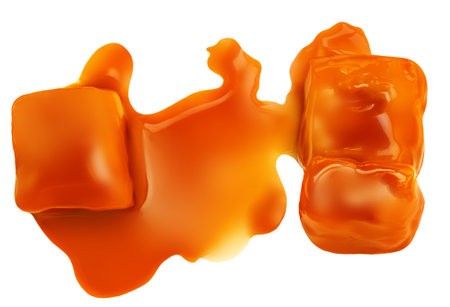 Caramel candies and flowing caramel sauce isolated on a white background. Pieces of toffee candies close upの写真素材