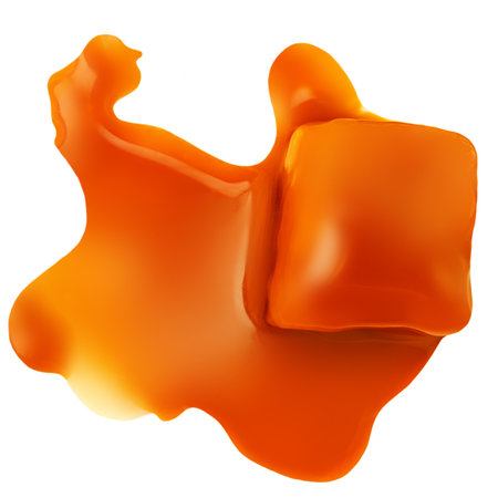 Caramel candies and flowing caramel sauce isolated on a white background. Pieces of toffee candies close upの写真素材