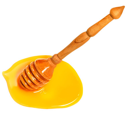 Honey dipper isolated on a white background. Sweet honey flowing Top view.の写真素材
