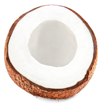 Coconut isolated on white background. Fresh halved coconut close up. Tropical fruit macroの写真素材
