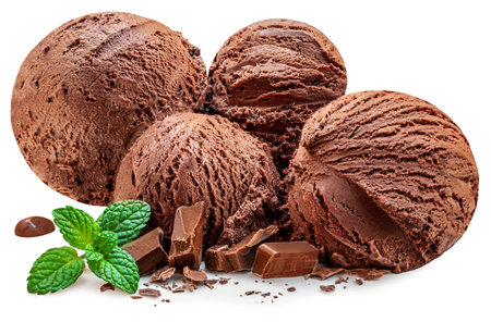Chocolate Ice Cream Scoops isolated on white background. Chocolate ice-cream with mint leaf close up. Collectionの写真素材