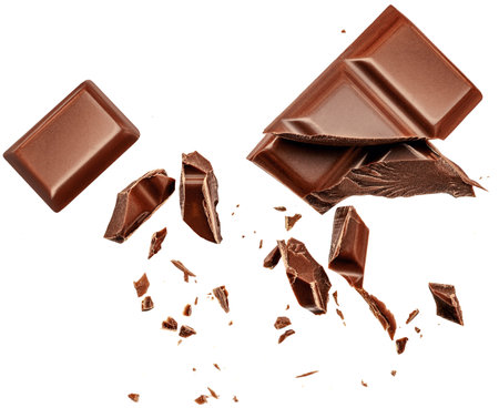 Levitating milk chocolate chunks isolated on white background. Flying Chocolate pieces, shavings and cocoa crumbs Top view. flat layの写真素材
