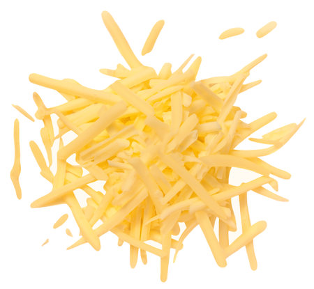 Graded cheese isolated on white background. Gouda cheese Top view. flat layの写真素材