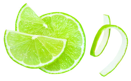 Ripe slice of green lime citrus fruit stand isolated on white background. Peel of lime close upの写真素材