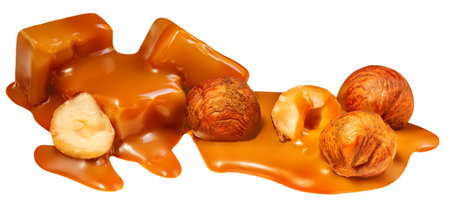 Sweet melted caramel isolated on white background. Caramel sauce splash with hazelnuts.の写真素材