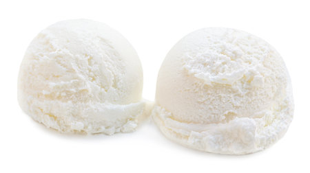 Two scoops of vanilla ice cream ball isolated on white backgroundの写真素材
