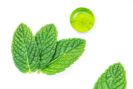 Green mint candy isolated on white background. Menthol candy with mint leaves, creative layout. top view. flat layの写真素材