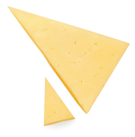 Cheese pieces triangles isolated on white background. Mature cheese top view. flat layの写真素材