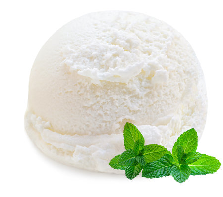 Scoop of vanilla ice cream ball isolated on white background with green mint leafの写真素材