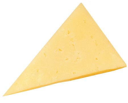 Cheese piece isolated on white background. Mature Gouda cheese top view. flat layの写真素材