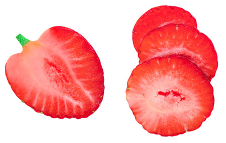Juicy Strawberry fruit with half sliced isolated on white background. top view. flat layの写真素材