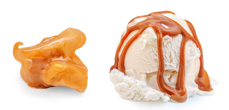 Caramel ice-cream with toffee caramel pieces isolated on white background. Creative layout of ice-creamの写真素材