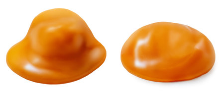 Caramel candy with flowing melted caramel i syrup isolated on white background.の写真素材