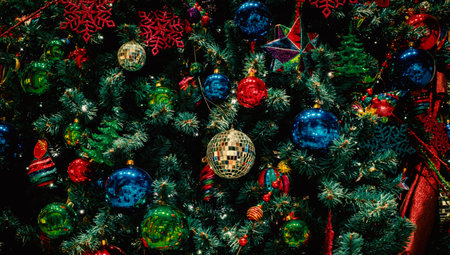 Christmas Tree with Decoration, balls and Bright sparkling Lights. Bokeh garlands wallpaper. New Year concept.の写真素材
