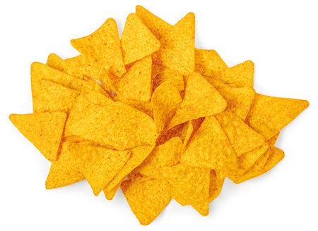 Nachos chips isolated on white background. Salty chips Top view. Flat lay.の写真素材