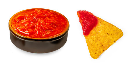 Nachos chips with salsa sauce isolated on white background. Salty chips Top view. Flat lay.の写真素材