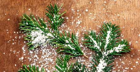 Christmas wooden background with snow fir tree. Xmas card. Winter moodの写真素材