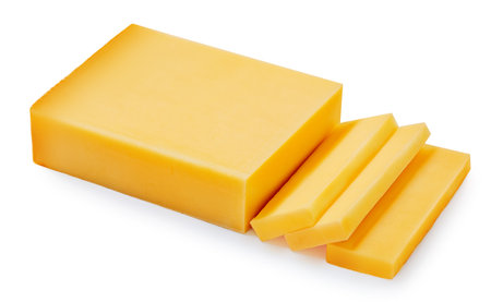 Piece of cheese isolated on white background. Cutted Swiss Gruyere cheese with piecesの写真素材
