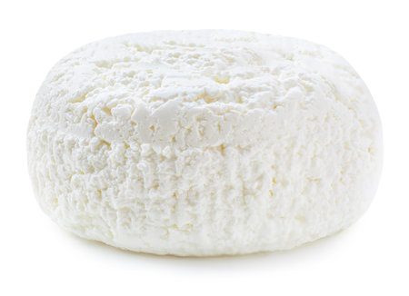 Cottage cheese isolated on white background closeup. Fresh grainy cottage cheese or feta close urの写真素材