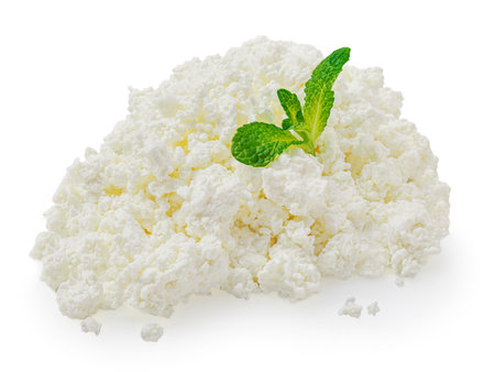 Cottage Cheese isolated on white background. Fresh high protein product cottage cheese close upの写真素材