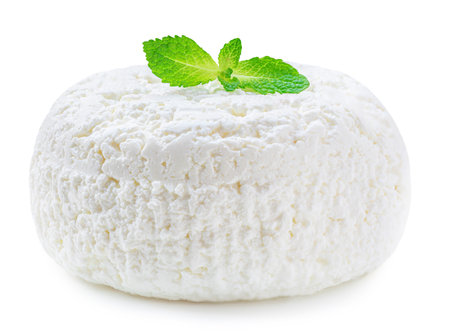 Cottage cheese isolated on white background. Fresh cottage Cheese (curds or whey) is a curdled milk, diary product. Close upの写真素材