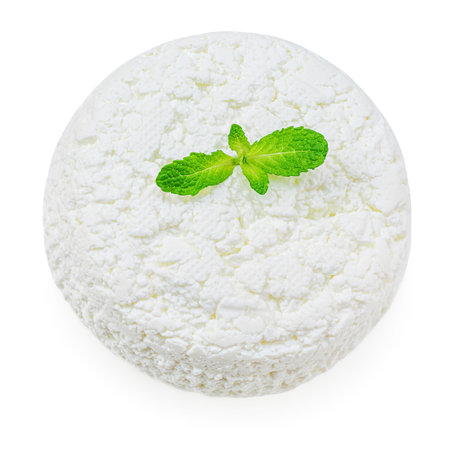 Cottage cheese isolated on white background. Fresh cottage Cheese (curds or whey) is a curdled milk, diary product. Close upの写真素材