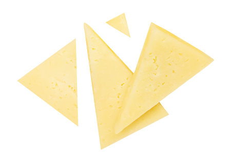 Cheese triangle pieces isolated on white background. Swiss cheese slices for package designの写真素材