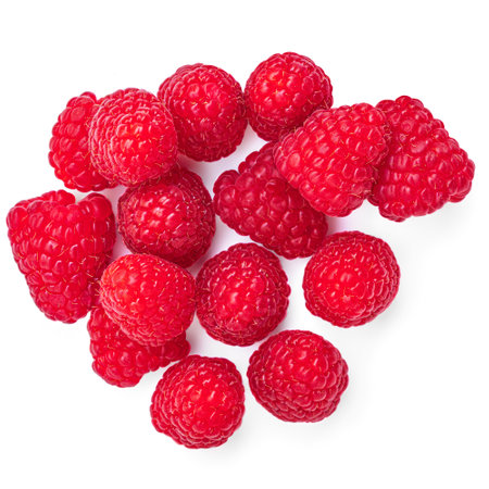 Fresh ripe raspberries isolated on white background. Heap of raspberries top view, flat layの写真素材