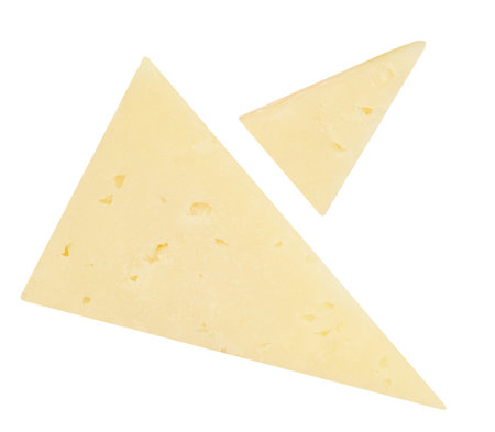 Cheese piece triangles isolated on white background. Mature cow milk cheese top view. Flat lay.の写真素材