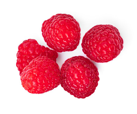 Fresh ripe raspberries isolated on white background, top view, flat layの写真素材
