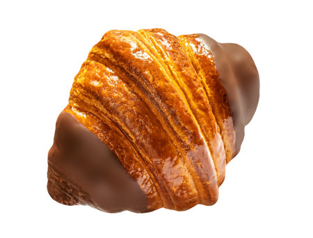 Levitating Croissant with chocolate isolated on white background. Flying fresh croissant close upの写真素材