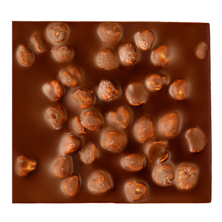 Chocolate bar square with hazelnuts isolated on white background. Milk chocolate with nuts Top view. Flat layの写真素材
