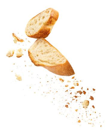 Flying Bread Crumbs isolated. Scattered Bread Crumbs Explosion with Cutting slices of wholegrain...
