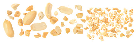 Peeled Peanuts levitating in air on white background. Isolated Falling crushed peanuts. Peanut explosion. Collection. Setの写真素材