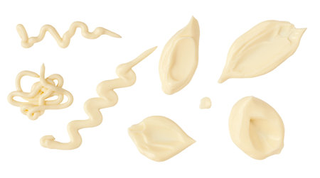 Mayonnaise isolated. Set of flying mayo smears and zigzags for design. Organic Mayonnaise, Yogurt or Cream collection isolated on white background. Top view. Flat layの写真素材