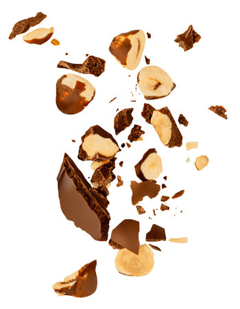 Explosion of Dark Chocolate with nuts in the air. Levitating Broken chocolate bar pieces with Hazelnuts isolated on white. Chocolate crumbs, flakes, hazel nuts and chipsの写真素材