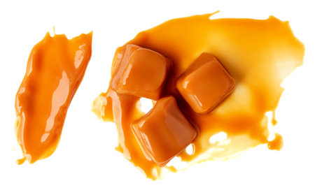Caramel candies isolated on white. Caramel fudges flowing in milk caramel butterscotch sauce Top view. Caramel smear Flat layの写真素材
