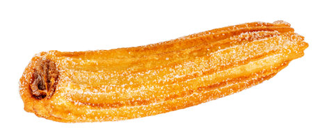 One Churro isolated on white. Flying Fried churros with sugar crystals in the air. Levitating Traditional Spanish dessert. Collectionの写真素材
