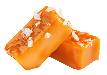 Salted Caramel candies isolated on white. Salty caramel fudges with snowy salt crystals. Collection. Setの写真素材