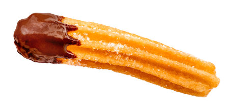Single Churro isolated on white. Flying Fried churros with sugar crystals and melting chocolate in the air. Levitating Traditional Spanish dessert. Top view. Flat layの写真素材