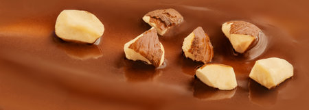 Melted Chocolate texture Background with nuts. Hazelnut Chocolate sauce pattern. Dark chocolate swirl wallpaperの写真素材