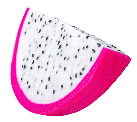 Pitaya isolated. Falling Dragon fruit piece in air on white background. DragonFruit Package design element. Top view. Flat lay.の写真素材