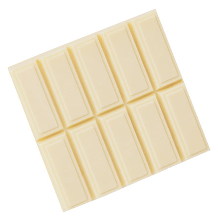 White chocolate bar piece isolated. Broken Milk chocolate chunks on white background. Top view. Flat lay.の写真素材